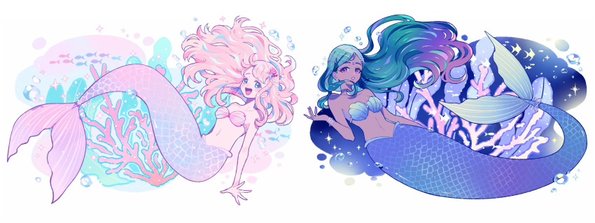 2girls absurdres aqua_hair bare_arms bare_shoulders blue_hair breasts bubble cleavage coral_reef highres kisaragi_yuu_(fallen_sky) lips long_hair looking_at_viewer mermaid monster_girl multiple_girls navel original pink_hair purple_eyes shell shell_bikini solo underwater