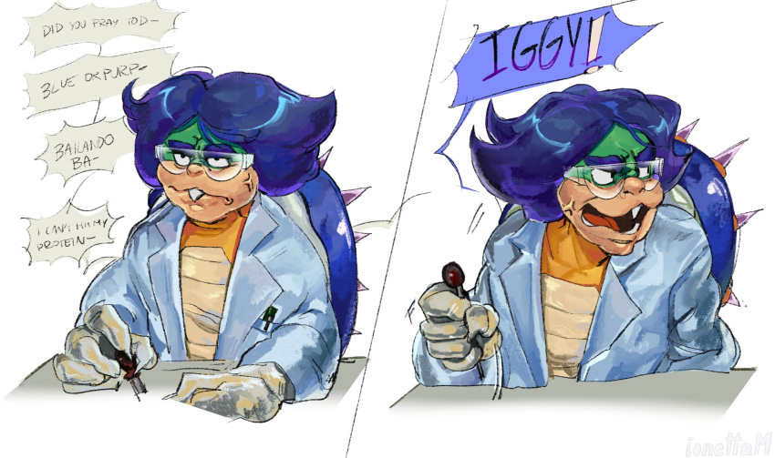 2024 angry anthro biped blue_hair clothing coat colored cross-popping_vein dialogue digital_drawing_(artwork) digital_media_(artwork) eyewear glasses gloves green_body green_scales hair handwear hi_res ionettam koopa koopaling lab_coat light lighting ludwig_von_koopa male mario_bros multicolored_body multicolored_scales nintendo offscreen_character reptile safety_glasses scales scalie scientist shaded shadow shell signature solo speech_bubble spiked_shell spikes spikes_(anatomy) tan_body tan_scales topwear turtle white_clothing white_gloves white_handwear yellow_body yellow_scales