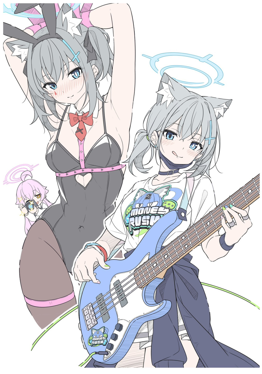 2girls :d :q alternate_costume alternate_hairstyle animal_ear_fluff animal_ears armpits bass_guitar black_choker black_jacket black_leotard black_mask black_wristband blue_archive blue_eyes blue_halo blue_nails blush bow bowtie bracelet breasts bright_pupils brown_pantyhose camera choker cleavage closed_mouth clothes_around_waist clothing_cutout collarbone commentary cosplay covered_navel cross cross_hair_ornament detached_collar earrings extra_ears fake_animal_ears fender_jazz_bass green_nails grey_hair hair_ornament halo heart_cutout highres holding holding_camera hoshino_(blue_archive) instrument inverted_cross jacket jacket_around_waist jewelry kazusa_(band)_(blue_archive) kazusa_(blue_archive) kazusa_(blue_archive)_(cosplay) leotard looking_at_viewer mask mask_lift medium_breasts mismatched_pupils mouth_mask multicolored_nails multiple_girls multiple_views music pantyhose pink_hair playboy_bunny playing_instrument ponytail print_shirt rabbit_ears rabbit_hole_(vocaloid) red_bow red_bowtie ring shiroko_(blue_archive) shirt shirt_tucked_in short_sleeves shoulder_strap simple_background skirt smile standing stud_earrings symbol-only_commentary t1kosewad thigh_strap tongue tongue_out white_background white_pupils white_shirt white_skirt wolf_ears wolf_girl x_hair_ornament yellow_eyes yellow_nails