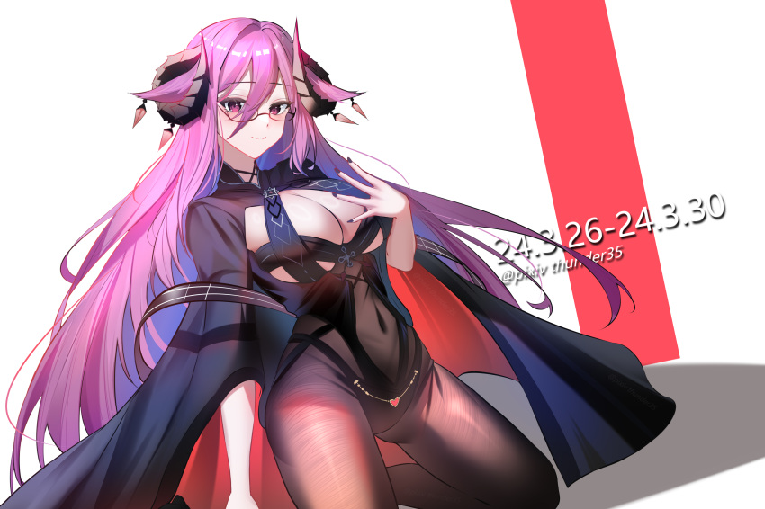 absurdres azur_lane black_horns bodystocking breast_cutout breasts cleavage commentary_request covered_navel curled_horns dated demon_horns dutch_angle female framed_breasts friedrich_carl_(azur_lane) hair_between_eyes highres horn_ornament horns kneeling large_breasts long_hair long_sleeves looking_at_viewer nail_polish pantyhose pink_eyes pink_hair purple_nails rectangular_eyewear semi-rimless_eyewear simple_background solo thunder-35 very_long_hair white_background