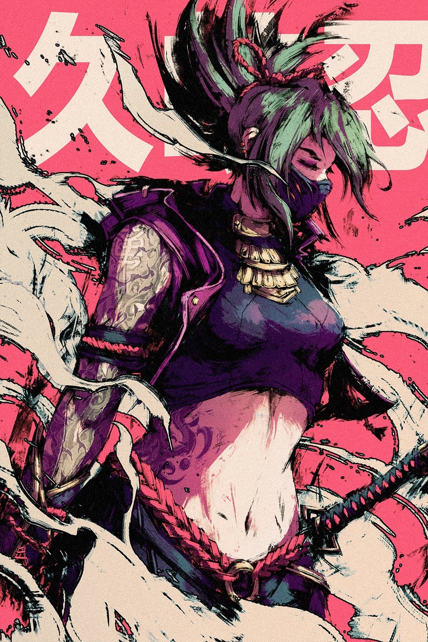 akramness arm_tattoo arms_at_sides black_mask breasts closed_eyes covered_mouth cropped_vest female genshin_impact green_hair highres jewelry kuki_shinobu long_hair mask medium_breasts midriff mouth_mask navel ninja_mask open_clothes open_vest purple_rope rope solo stomach stomach_tattoo sword tank_top tattoo taut_clothes three_quarter_view upper_body vest weapon wind