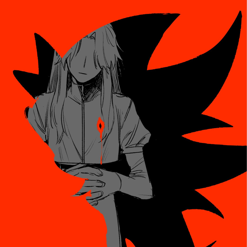 1boy blood blood_on_clothes closed_mouth diamondx1704 english_commentary female gunshot_wound highres injury long_hair long_sleeves maria_robotnik monochrome own_hands_together red_background red_theme shadow_the_hedgehog sidelocks simple_background sonic_(series)