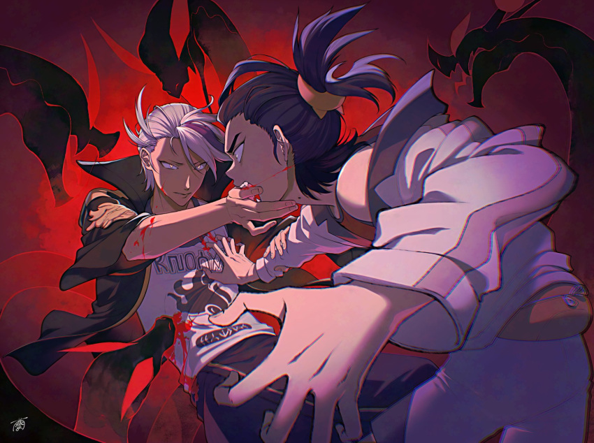 2boys biting black_hair black_jacket blood blood_on_arm blood_on_clothes blood_on_face blood_on_hands commentary_request drayton_(pokemon) eye_contact fangs fanny_pack grabbing_another's_arm grey_hair hair_tie hand_on_another's_face high_collar highres hydrapple jacket kieran_(pokemon) league_club_uniform looking_at_another male_focus mizinkororo mole mole_on_neck multicolored_hair multiple_boys open_clothes open_jacket pokemon pokemon_(creature) pokemon_sv print_tank_top purple_eyes red_tank_top short_hair shorts signature slit_pupils streaked_hair tank_top two-tone_hair white_jacket white_shorts white_tank_top yellow_eyes