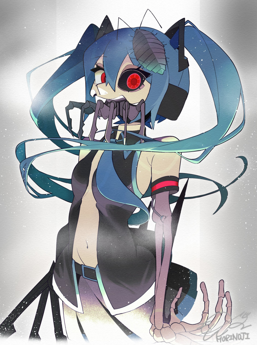 absurdres aqua_hair aqua_necktie artist_name bare_shoulders belt black_belt black_jacket black_sclera black_skirt colored_sclera female glowing glowing_eye hatsune_miku headphones heterochromia highres horror_(theme) insect_on_head isopod jacket looking_at_viewer mandibles monster_girl mori_no_ji navel necktie open_clothes open_jacket red_eyes saikin_osen_-_bacterial_contamination_-_(vocaloid) signature skeletal_arm skirt solo toon_(style) twintails vocaloid white_background