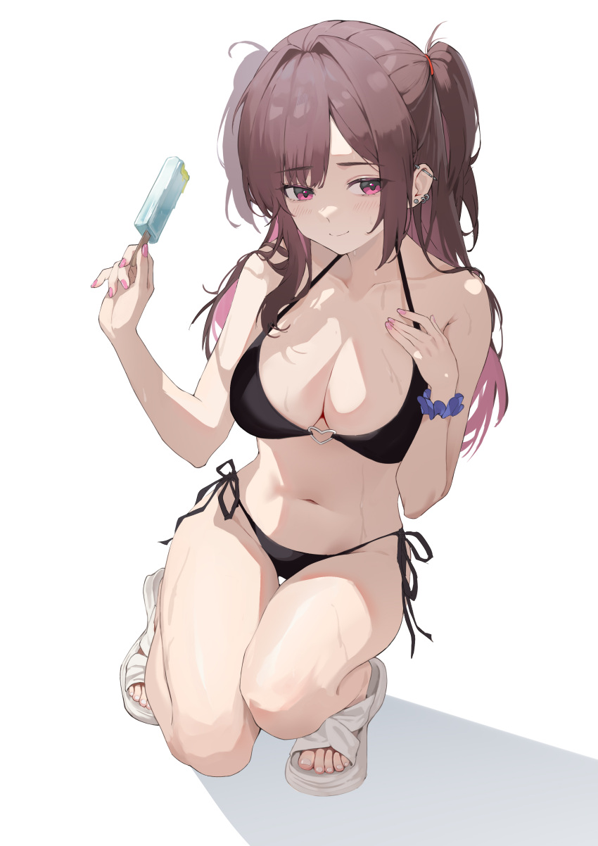 abin_(jamp7423) absurdres bare_arms bare_legs bare_shoulders bikini black_bikini blue_scrunchie borrowed_character breasts brown_hair cleavage closed_mouth collarbone colored_inner_hair ear_piercing female food full_body groin hair_intakes halterneck hand_on_own_chest hands_up heart_o-ring heart_ring_top highres holding holding_food holding_popsicle large_breasts light_blush long_hair looking_at_viewer multicolored_hair multiple_piercings nail_polish navel on_one_knee original parted_bangs piercing pink_eyes pink_hair pink_nails popsicle sandals scrunchie shadow side-tie_bikini_bottom simple_background smile solo string_bikini swimsuit thigh_gap toenail_polish toenails two_side_up wet white_background white_footwear white_nails wrist_scrunchie