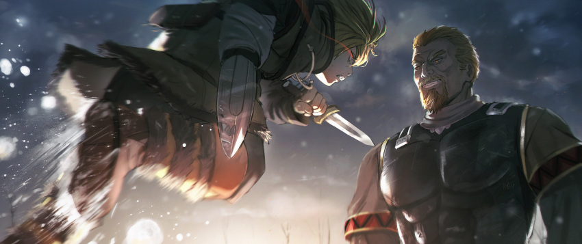 2boys absurdres age_difference armor askeladd beard blonde_hair blue_eyes brown_eyes clenched_teeth dagger dual_wielding duel english_commentary facial_hair fighting fur_trim grin highres holding holding_dagger holding_knife holding_weapon knife male_focus multiple_boys outdoors short_hair smile snowing teeth thorfinn viking vinland_saga waligner weapon winter_clothes