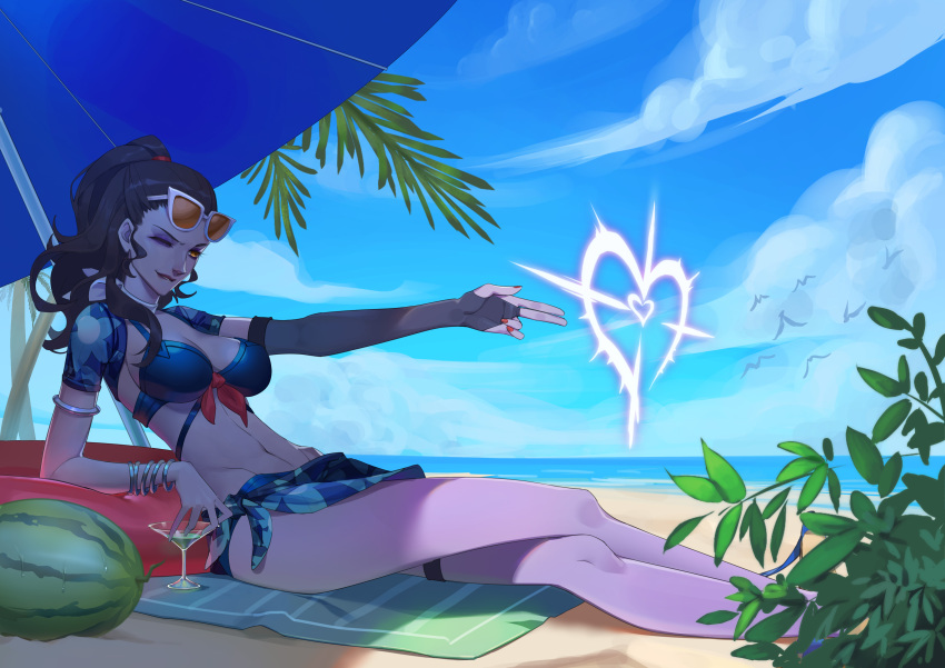 absurdres beach biting_own_lip blue_umbrella chinese_commentary cloud cloudy_sky colored_skin cote_d'azur_widowmaker eyewear_on_head female finger_gun floral_print food fruit heart highres jewelry niupisang official_alternate_costume one_eye_closed orange-tinted_eyewear orange_eyes overwatch plant ponytail purple_skin red_nails sky solo sunglasses tinted_eyewear umbrella watermelon widowmaker_(overwatch)