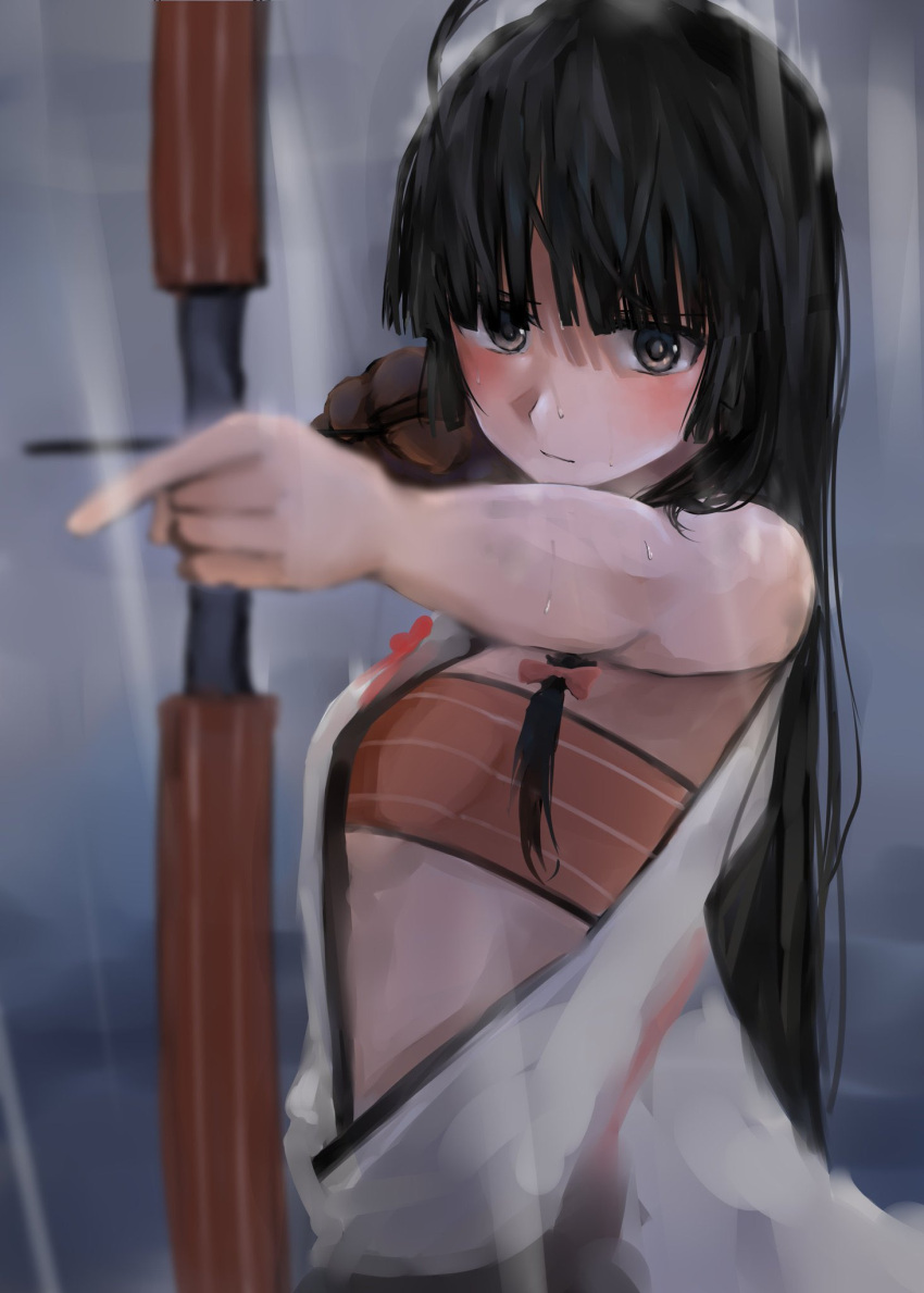 73suke aiming bandeau black_hair bow_(weapon) brown_bandeau brown_eyes brown_gloves drawing_bow female flat_chest gloves hadanugi_dousa highres holding holding_bow_(weapon) holding_weapon japanese_clothes kantai_collection kimono long_hair open_clothes open_kimono partially_fingerless_gloves shouhou_(kancolle) single_glove solo upper_body weapon yugake