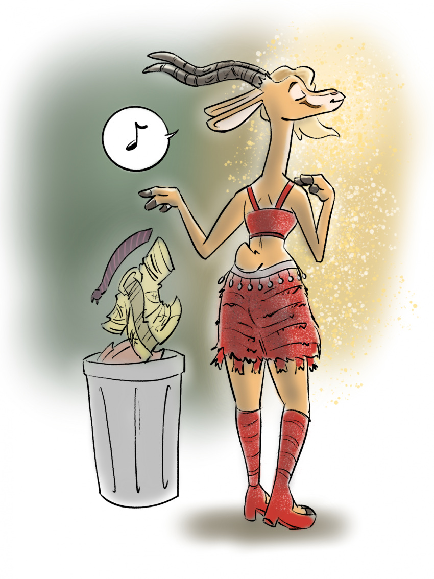 after_transformation antelope anthro ass blonde_hair bovid character_transformation closed_eyes clothed clothing discarded_clothing disney female fennicthefox fur gazelle gazelle_(zootopia) gender_transformation hair hi_res hooves horn mammal musical_note musical_symbol nick_wilde solo sparkles speech_bubble symbol transformation trash_can zootopia