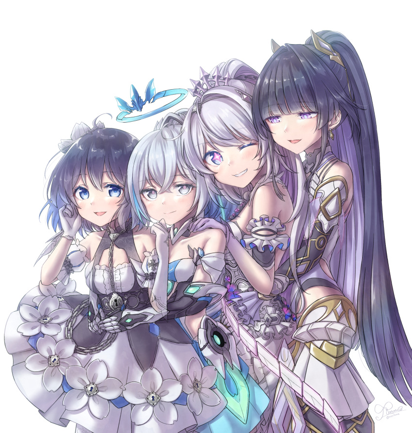 4girls absurdres arms_around_waist bare_shoulders black_hair blue_dress blue_eyes blue_hair blunt_bangs bronya_zaychik bronya_zaychik_(herrscher_of_truth) commentary_request diamond-shaped_pupils diamond_(shape) dress dress_flower flower gloves grey_hair hair_flower hair_ornament halo halter_dress halterneck hand_on_another's_shoulder high_ponytail highres honkai_(series) honkai_impact_3rd kiana_kaslana kiana_kaslana_(herrscher_of_finality) long_hair looking_at_another looking_at_viewer multicolored_hair multiple_girls one_eye_closed open_mouth ponytail purple_eyes purple_hair raiden_mei raiden_mei_(herrscher_of_origin) rinna_(xxrinna) seele_vollerei seele_vollerei_(stygian_nymph) short_hair simple_background symbol-shaped_pupils two-tone_hair very_long_hair white_background white_dress white_flower white_gloves white_hair