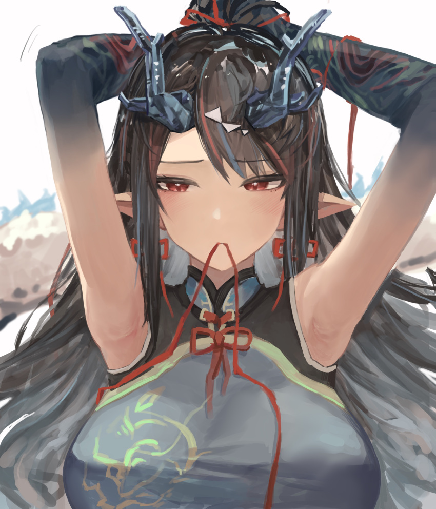 absurdres arknights armpits arms_up bare_arms black_hair blue_dress blue_hair blush breasts chinese_commentary colored_extremities commentary_request dragon_girl dragon_horns dragon_tail dress dusk_(arknights) female highres horns large_breasts long_hair mouth_hold multicolored_hair pointy_ears red_eyes red_hair red_ribbon ribbon sleeveless sleeveless_dress solo streaked_hair tail tiansuo_haoer tying_hair upper_body