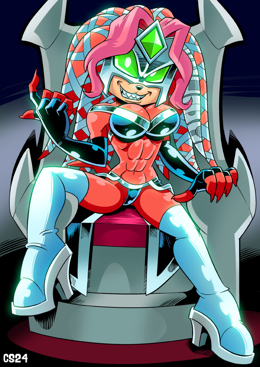 abs alternate_costume alternate_eye_color archie_comics armor aura beckoning boots breasts chair cleavage colored_sclera commentary corruption curtsibling dark_persona elbow_gloves enerjak_(sonic) english_commentary evil_grin evil_smile female fingerless_gloves forehead_jewel gem gloves green_gemstone green_sclera grin high_heel_boots high_heels highres large_breasts lien-da long_hair looking_at_viewer mask midriff navel pink_hair possessed sega sitting smile sonic_(series) sonic_the_hedgehog_(archie_comics) thighhighs thighs white_eyes