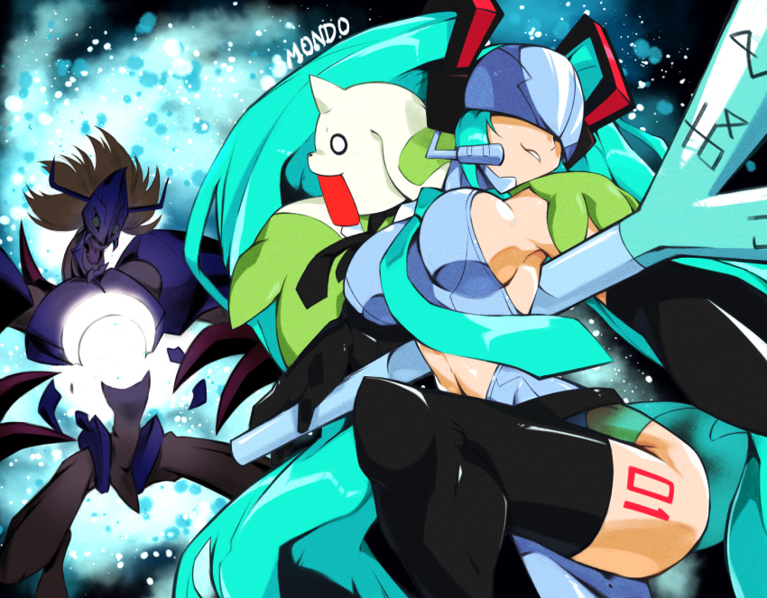 bare_shoulders black_thighhighs breasts clothing_cutout commentary cosplay covered_eyes diablomon digimon digimon_(creature) english_commentary female green_hair hatsune_miku hatsune_miku_(cosplay) helmet helmet_over_eyes horns large_breasts number_tattoo sideboob single_horn spring_onion stomach_cutout supermondobeat tattoo terriermon_joshu thighhighs twintails vocaloid