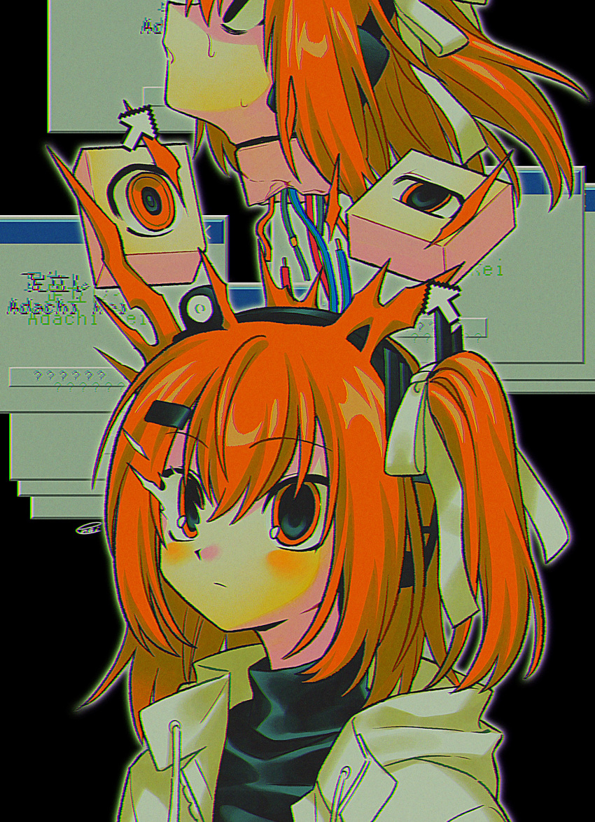 a.i._voice absurdres adachi_rei android black_background black_shirt cable closed_mouth cursor drawstring female hair_ornament hair_ribbon hairclip headlamp headphones highres jacket medium_hair menma_(enaic31) microsoft_windows multiple_views one_side_up open_clothes open_jacket orange_eyes orange_hair redrawn ribbon severed_head shirt signature turtleneck utau white_jacket white_ribbon window_(computing) windows_95