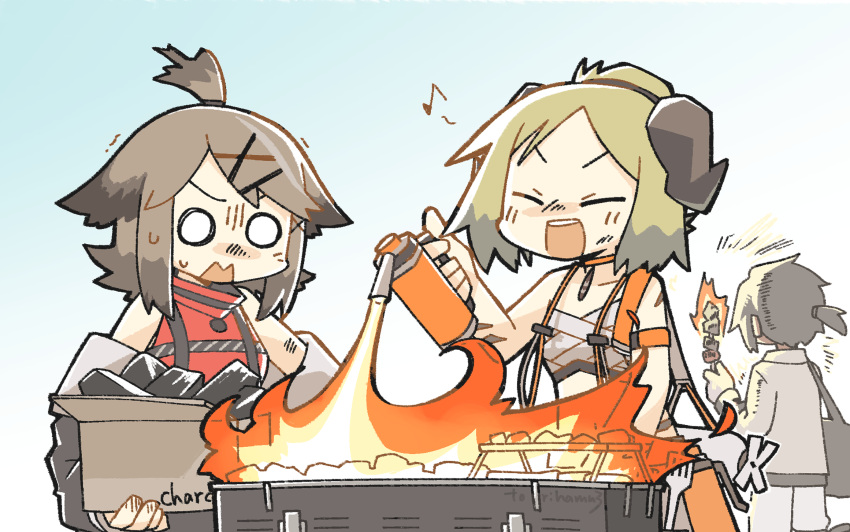 1boy 2girls arknights bag black_bag black_hair blonde_hair blowtorch blue_sky box brown_hair charcoal chest_sarashi choker closed_eyes commentary cooking cowboy_shot cutter_(arknights) demon_girl demon_horns fire food gloves grill grilling hair_ornament hairclip highres holding holding_box holding_skewer horns ifrit_(arknights) ifrit_(sunburn)_(arknights) jacket kebab konno_akikaze material_growth multiple_girls musical_note o_o official_alternate_costume open_mouth orange_choker oripathy_lesion_(arknights) outdoors pants red_shirt sarashi shirt short_hair short_ponytail skewer sky sleeveless sleeveless_shirt solid_circle_eyes spoken_musical_note thorns_(arknights) upper_body white_gloves white_jacket white_pants