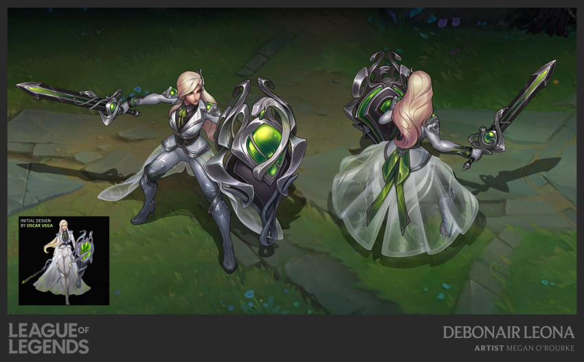 artist_name black_shirt blonde_hair breasts character_name collared_shirt copyright_name debonair_leona female green_ribbons hair_ornament highres holding holding_shield holding_sword holding_weapon jacket large_breasts league_of_legends leona_(league_of_legends) long_hair long_sleeves multiple_views official_alternate_costume outdoors ribbon see-through shield shirt sword vegacolors weapon white_jacket