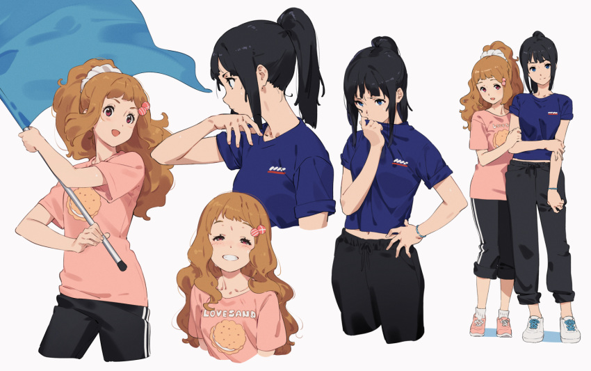 2girls arm_up black_hair black_pants blue_eyes blue_flag blue_shirt blush bow breasts brown_eyes brown_hair closed_mouth collarbone commentary cookie curly_hair english_text flag food from_side full_body hair_ornament hair_ribbon hibike!_euphonium holding holding_another's_arm holding_flag holding_own_arm kamo_kamen long_hair looking_at_viewer looking_away looking_to_the_side multiple_girls nase_amika navel open_mouth pants pink_footwear pink_shirt ponytail print_shirt ribbon rikka_koukou_marching_band_e_youkoso sasaki_azusa shirt shoelaces shoes sidelocks simple_background smelling smile sneakers standing stomach sweat t-shirt teeth upper_body waving waving_flag white_background white_footwear white_legwear white_ribbon