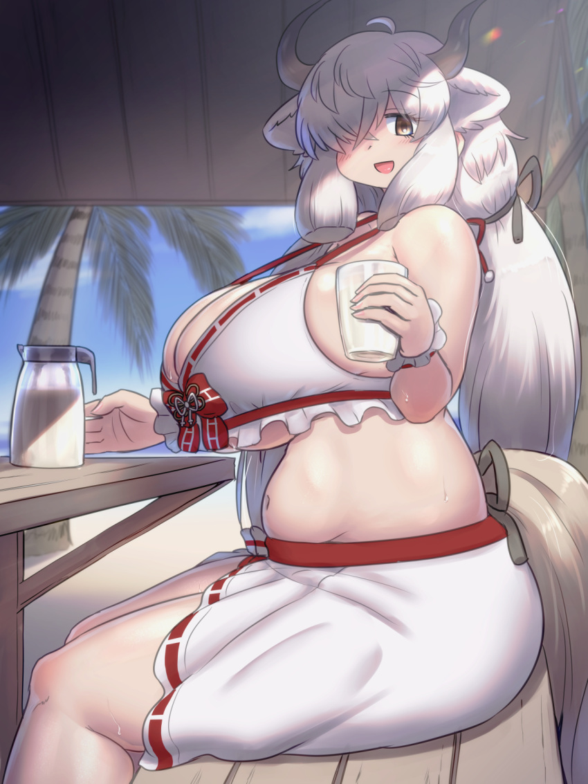 ahoge animal_ears belly bikini bow bow_bikini breasts brown_eyes cup female hair_over_one_eye highres holding holding_cup horns huge_breasts kemono_friends long_hair midriff milk mo23 open_mouth ox_ears ox_girl ox_horns ox_tail picnic_table pitcher_(container) plump sarong sidelocks sitting smile solo swimsuit table tail very_long_hair white_hair yak_(kemono_friends)