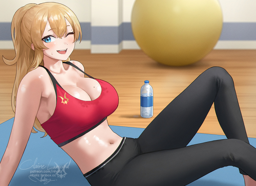 ;d arm_support artist_name ball bare_shoulders black_pants blonde_hair blue_eyes blush bottle breasts claire_lamund_(nhaliz) cleavage commentary_request crop_top feet_out_of_frame female from_side knees_up large_breasts leaning_back long_hair looking_at_viewer looking_to_the_side lying mole mole_above_eye mole_on_breast navel nhaliz one_eye_closed open_mouth original pants ponytail reclining red_sports_bra sidelocks signature sitting smile solo sports_bra strap_gap sweat teeth upper_teeth_only water_bottle wooden_floor yoga_pants