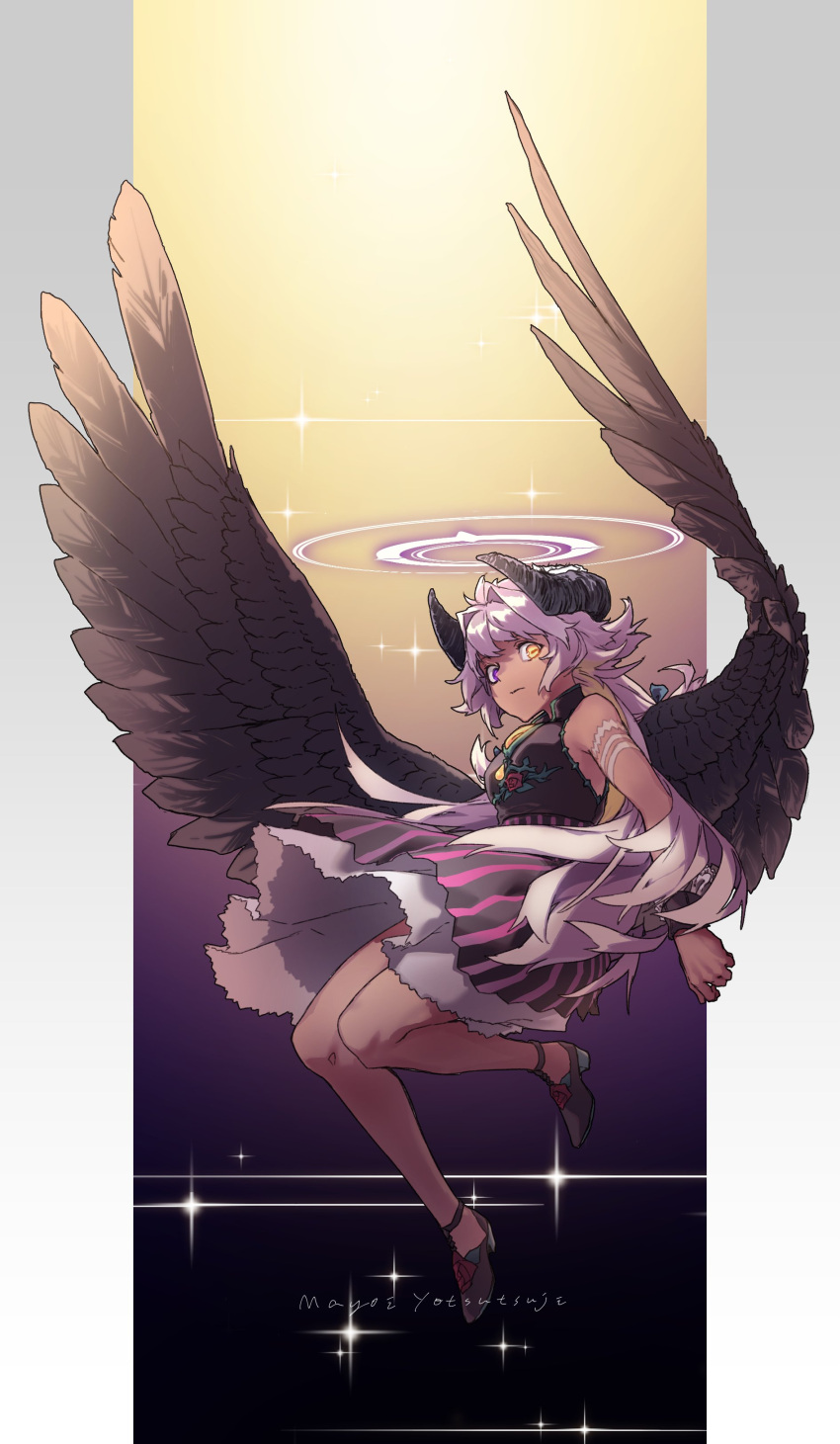 absurdres amaryllis_gumi bare_shoulders bird_wings brown_wings character_name closed_mouth commentary_request feathered_wings female flying gradient_background halo heterochromia high_heels highres horizontal_pupils long_hair looking_at_viewer purple_eyes purple_hair purple_skirt reiga_(act000) skirt solo spread_wings virtual_youtuber wings yellow_eyes yotsutsuji_mayoi