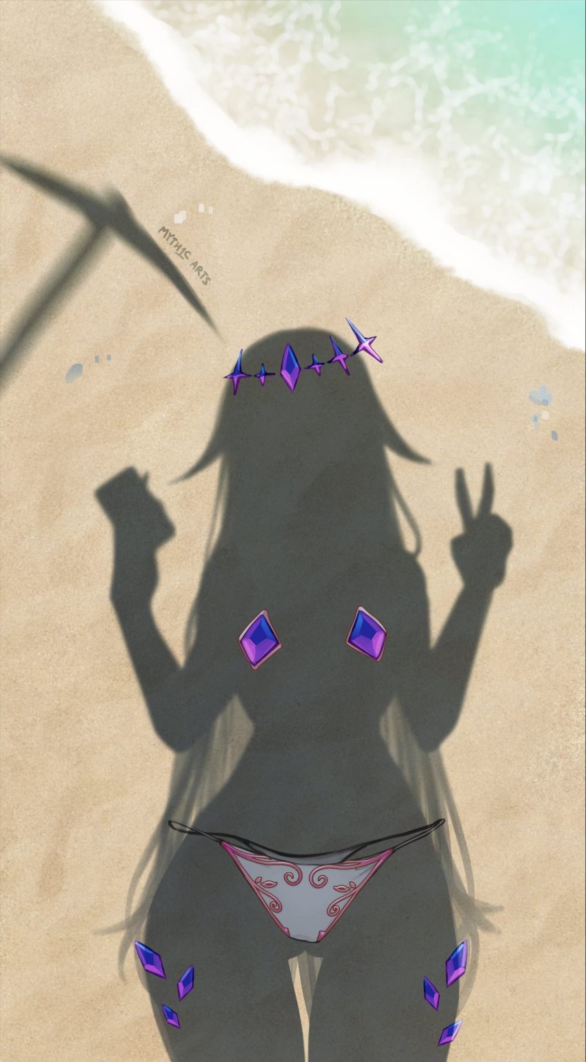 absurdres beach bikini bikini_bottom_only circlet commentary dressed_shadow_(meme) english_commentary female gem highres hololive hololive_english implied_nudity koseki_bijou long_hair meme myth1carts pickaxe purple_gemstone sand selfie silhouette solo swimsuit unworn_bikini_bottom unworn_clothes v virtual_youtuber