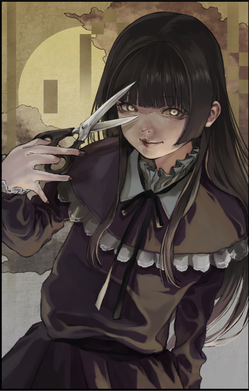 arm_behind_back black_hair black_nails black_skirt blunt_bangs commentary fatal_frame fatal_frame_4 female fingernails frills gauss_<bokashi haibara_ayako highres holding holding_scissors lipstick long_hair makeup parted_lips red_lips scissors skirt smile solo yellow_eyes