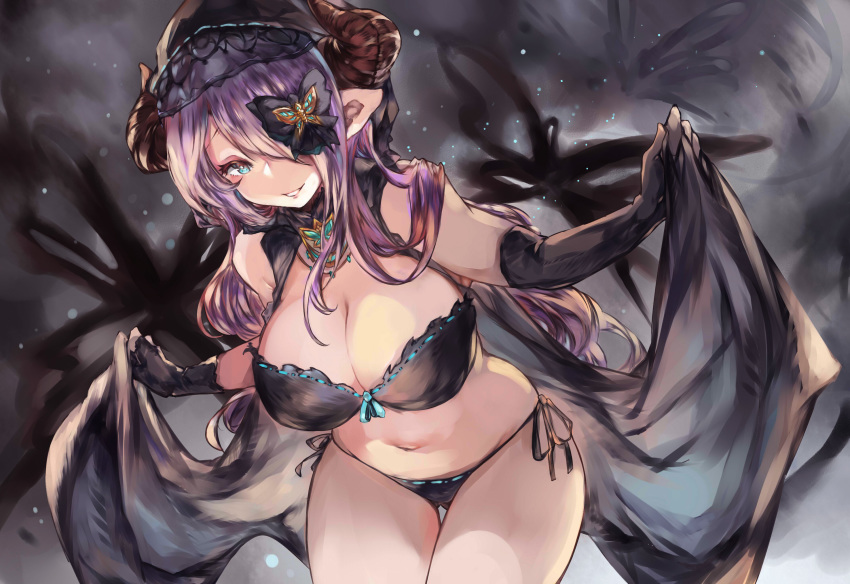 asymmetrical_gloves bare_shoulders black_bra black_gloves black_panties blue_eyes bra breasts butterfly_hair_ornament cape cleavage commentary_request draph elbow_gloves female fingerless_gloves gloves granblue_fantasy grin hair_ornament hair_over_one_eye highres hood horns large_breasts leaning_forward long_hair mi_bait mismatched_gloves narmaya_(granblue_fantasy) narmaya_(the_black_butterfly)_(granblue_fantasy) navel official_alternate_costume panties photoshop_(medium) pointy_ears purple_hair short_hair smile solo standing teeth thigh_gap underwear