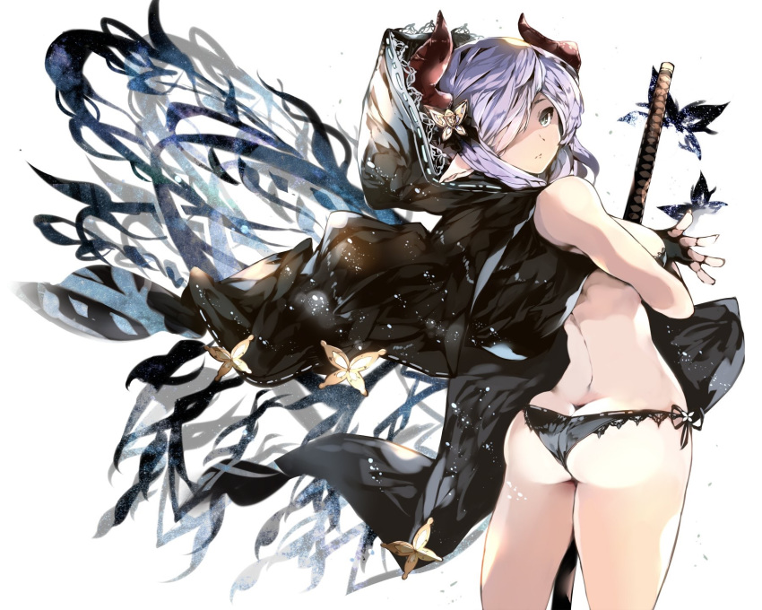 animal ass bare_shoulders black_cape black_gloves black_panties breasts bug butt_crack butterfly butterfly_hair_ornament cape closed_mouth commentary_request curled_horns draph female fingerless_gloves gloves granblue_fantasy grey_eyes hair_ornament hair_over_one_eye highres horns katana kyuu_(plastic_night_q) large_breasts looking_at_viewer looking_back narmaya_(granblue_fantasy) narmaya_(the_black_butterfly)_(granblue_fantasy) official_alternate_costume panties pointy_ears purple_hair sheath sheathed side-tie_panties solo sword underwear weapon white_background