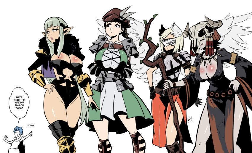 1boy 4girls alain_(unicorn_overlord) angel angel_wings armor armored_dress black_dress black_fur black_hair black_leotard blue_hair braid breasts cleavage commentary dark-skinned_female dark_skin dress elf english_commentary english_text gladiator_sandals green_dress grey_hair gryphon_knight hand_on_own_hip hat holding holding_staff kukuruyo leotard long_hair looking_at_another mask multiple_girls navel pointy_ears sandals shiny_skin short_hair shoulder_armor single_braid skull_mask speech_bubble staff standing thighs typo unicorn_overlord white_background white_hair wings