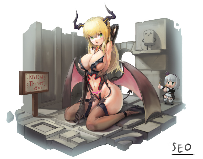 2girls armpits artist_name audrey_dreamweaver black_legwear blonde_hair blush breasts chibi crossover demon_horns demon_wings english_text full_body future_knight gm_orangeade green_hair grey_hair guardian_tales high_heels highres horns korean_commentary large_breasts last_origin long_hair looking_at_viewer mini_person minigirl multiple_girls open_mouth seo_(tqhgud016) short_hair smile thighhighs white_background wings