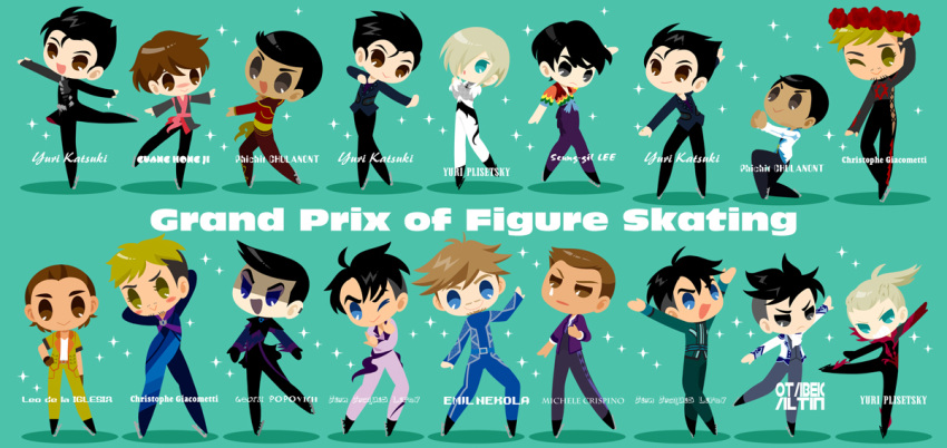 6+boys :> :< :d ;> aqua_background beard black_hair blonde_hair blue_eyes bodysuit brown_eyes brown_hair character_name christophe_giacometti emil_nekola english_text facial_hair flower georgi_popovich green_eyes grey_eyes head_wreath ice_skates it's_j.j._style! jean-jacques_leroy ji_guang-hong kaorin_minogue katsuki_yuuri lee_seung-gil leo_de_la_iglesia male_focus michele_crispino multiple_boys multiple_persona one_eye_closed open_mouth otabek_altin phichit_chulanont ponytail red_flower red_rose rose skates smile sparkle standing standing_on_one_leg tears yuri!!!_on_ice yuri_plisetsky