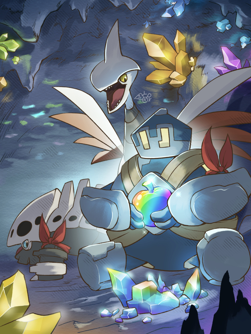 3:4 ambiguous_gender avian bird blue_body blue_eyes bow_ribbon cave colored crystal digital_drawing_(artwork) digital_media_(artwork) feral generation_2_pokemon generation_3_pokemon generation_5_pokemon golett group hakkentai_pkdn hi_res lairon looking_back nintendo open_mouth pmd:_discovery_team_of_stars_and_souls pokemon pokemon_(species) pokemon_mystery_dungeon ribbons rock sharp_teeth sitting skarmory spike_chunsoft teeth tongue treasure trio wings yellow_eyes