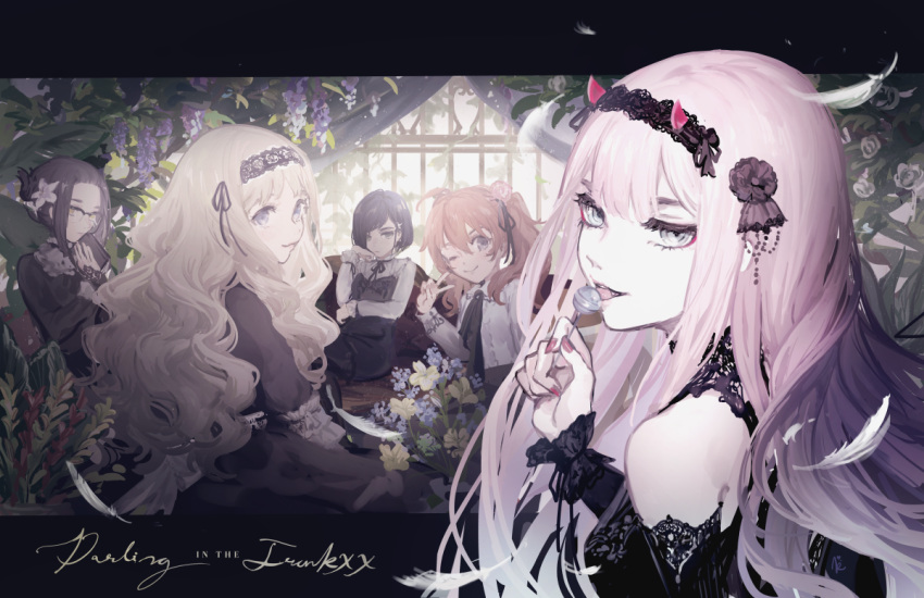 5girls bare_shoulders black_dress black_hair black_hairband black_ribbon blonde_hair blue_flower book brown_hair candy close-up closed_mouth commentary_request copyright_name curly_hair darling_in_the_franxx day dress feathers flower food from_side fruit glasses grey_eyes hair_between_eyes hair_flower hair_ornament hair_ribbon hairband holding holding_book holding_candy holding_food holding_lollipop horns ichigo_(darling_in_the_franxx) ikuno_(darling_in_the_franxx) indoors k_(sktchblg) kokoro_(darling_in_the_franxx) light lips lollipop long_hair long_sleeves looking_at_viewer looking_back miku_(darling_in_the_franxx) multiple_girls nail_polish neck_ribbon neckwear_request one_eye_closed oni_horns open_mouth pink_hair pink_horns pink_nails plant puffy_long_sleeves puffy_sleeves ribbon short_hair sitting sleeveless smile strawberry twintails upper_body v white_flower window zero_two_(darling_in_the_franxx)