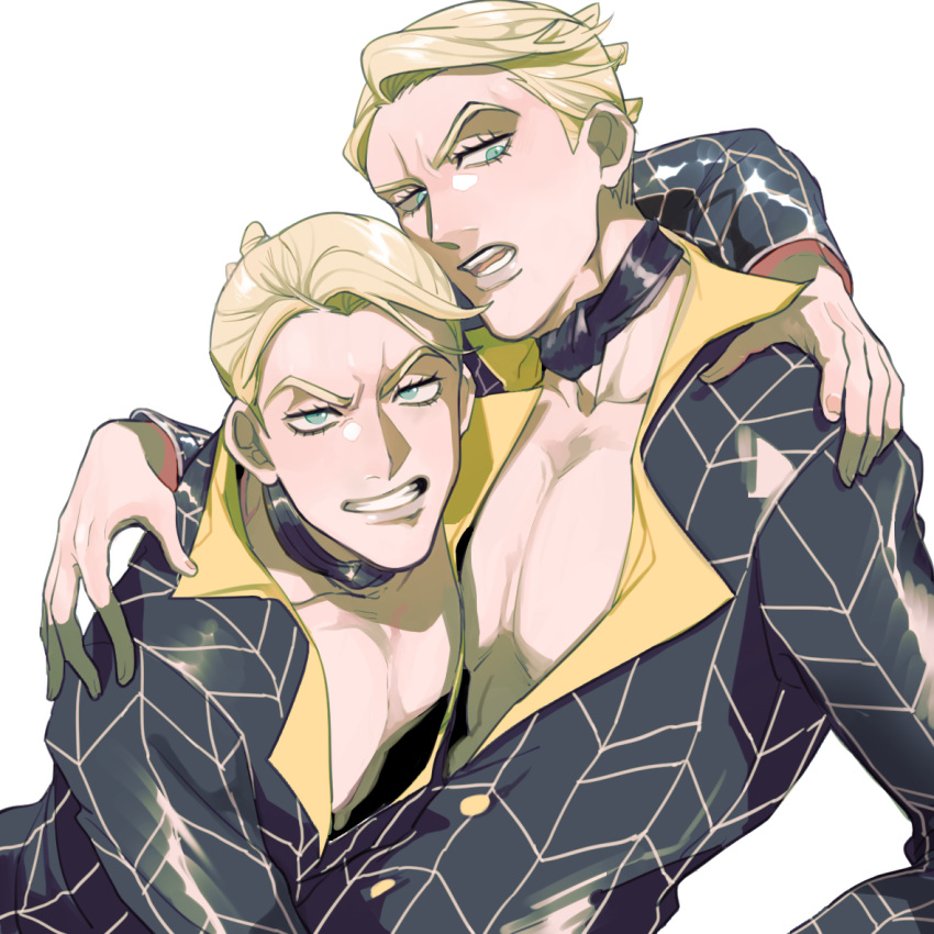 2boys arm_over_shoulder blonde_hair blue_eyes choker clone formal hanrushi jojo_no_kimyou_na_bouken long_sleeves looking_at_viewer male_focus multiple_boys open_clothes open_shirt pectoral_cleavage pectorals prosciutto suit teeth toned toned_male vento_aureo white_background