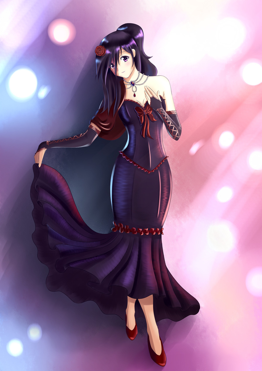 alternate_hairstyle asymmetrical_clothes badriel bare_shoulders bridal_gauntlets burn_scar commentary_request crossed_legs dress elbow_gloves evening_gown female flower gloves hair_flower hair_ornament highres hobble_dress ikezawa_hanako jewelry katawa_shoujo long_dress long_hair necklace pearl_necklace photoshop_(medium) ponytail purple_eyes purple_hair scar skirt_hold solo watson_cross