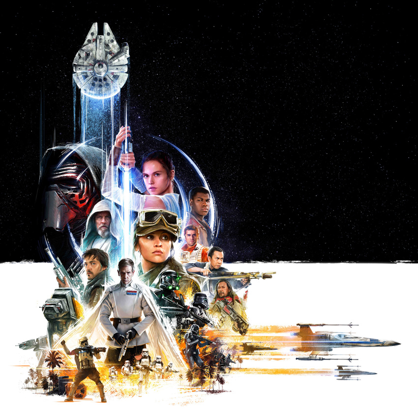 absurdres armor at-act at-at baze beam_rifle beard bow_(weapon) box cape cassian_andor character_request chirrut_imwe crossbow dark_skin deathtrooper energy_cannon energy_gun energy_sword facial_hair finn_(star_wars) flying galactic_empire gloves goggles hat helmet highres hood jacket jedi jyn_erso kylo_ren lightsaber looking_at_viewer luke_skywalker mask mecha military military_uniform millennium_falcon moustache multiple_boys multiple_girls official_art orson_krennic palm_tree pilot_suit poe_dameron promotional_art ray_gun realistic rebel_alliance redesign rey_(star_wars) robot rogue_one:_a_star_wars_story science_fiction serious sith soldier space spacecraft star_(sky) star_wars star_wars:_the_force_awakens starfighter stormtrooper sword t-65_x-wing t-70_x-wing tree uniform vest walker_(robot) weapon x-wing