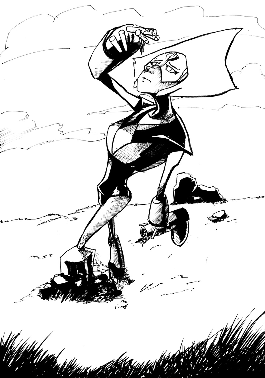 absurd_res alien alien_humanoid broken cartoon_network cloud copymirror gem gem_(species) grass hi_res humanoid ink limb_enhancers looking_up monochrome not_furry outside peridot_(gem_species) peridot_(steven_universe) plant rock solo steven_universe traditional_media_(artwork)