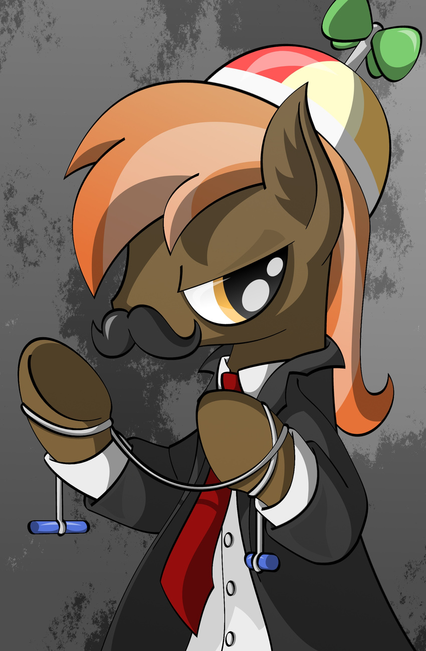 absurd_res agent_47 anthro brown_body brown_fur brown_hair button_mash_(mlp) clothed clothing coat crossover earth_pony equid equine facial_hair feral friendship_is_magic friendshipismetal777 fur hair hasbro hat headgear headwear hi_res hitman_(series) horse male mammal moustache my_little_pony necktie pony propeller_hat solo suit topwear wire young young_anthro young_feral young_male