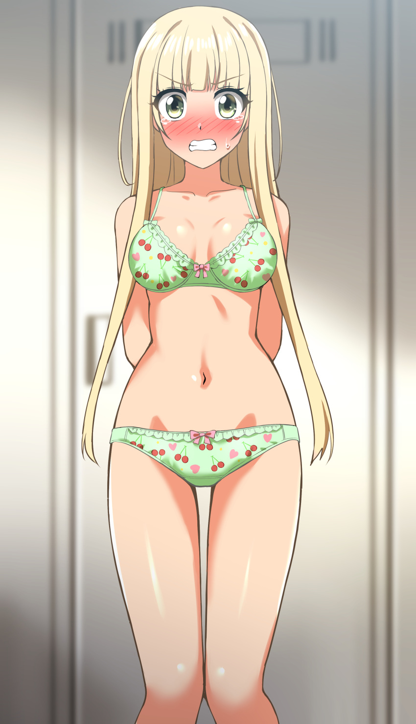 absurdres arms_behind_back blonde_hair blurry blurry_background blush bow bow_bra bow_panties bra breasts commission crotch_seam depth_of_field embarrassed female frilled_bra frilled_panties frills frown green_bra green_eyes green_panties grimace highres hime_cut izumi_noel locker locker_room long_hair looking_at_viewer medium_breasts navel one_room_hiatari_futsuu_tenshi-tsuki panties pixiv_commission print_bra print_panties solo standing straight_hair tearing_up underwear underwear_only zanntetu