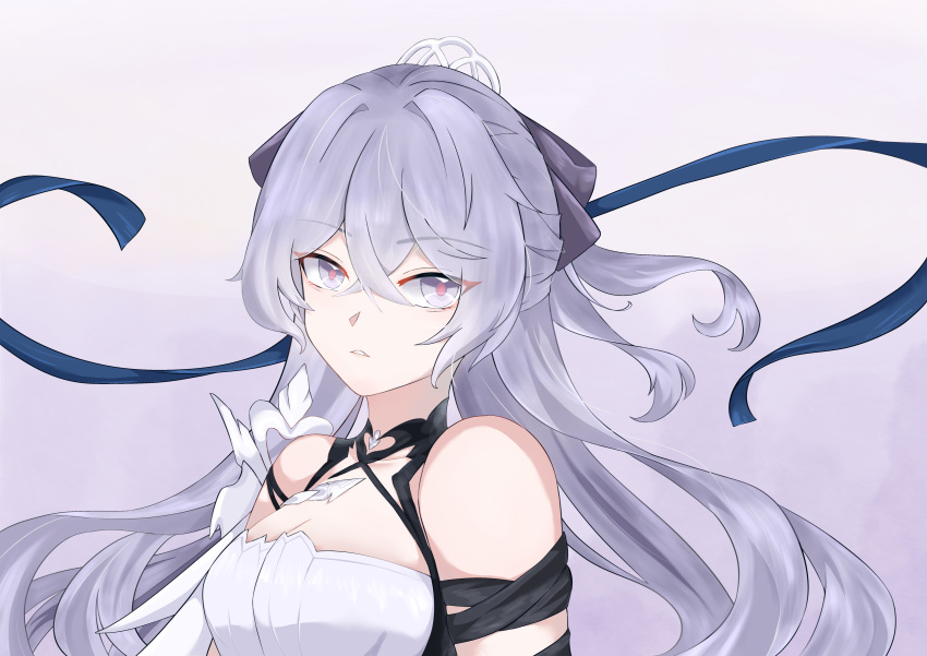 absurdres bare_shoulders breasts bronya_zaychik cleavage female grey_background grey_eyes grey_hair highres honkai_(series) honkai_impact_3rd long_hair looking_at_viewer parted_lips solo upper_body very_long_hair zhuyan_(zixi0111)