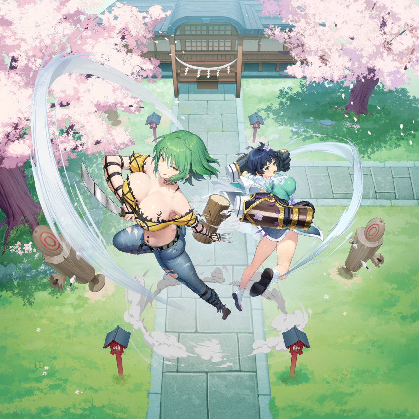 2girls armpits blue_eyes blue_hair bouncing_breasts breasts brown_dust_2 butt_crack cherry_blossoms closed_mouth crop_top denim dummy eyebrows_hidden_by_hair full_body game_cg green_hair green_kimono hair_between_eyes highres hikage_(senran_kagura) holding holding_weapon huge_breasts japanese_clothes jeans jumping kimono knife kunai licking_lips log looking_at_viewer motion_lines multiple_girls non-web_source official_art open_mouth pants power_fist sandals senran_kagura senran_kagura_new_link short_hair shrine tabi throwing_knife tongue tongue_out torn_clothes torn_jeans torn_pants weapon yellow_eyes yozakura_(senran_kagura)