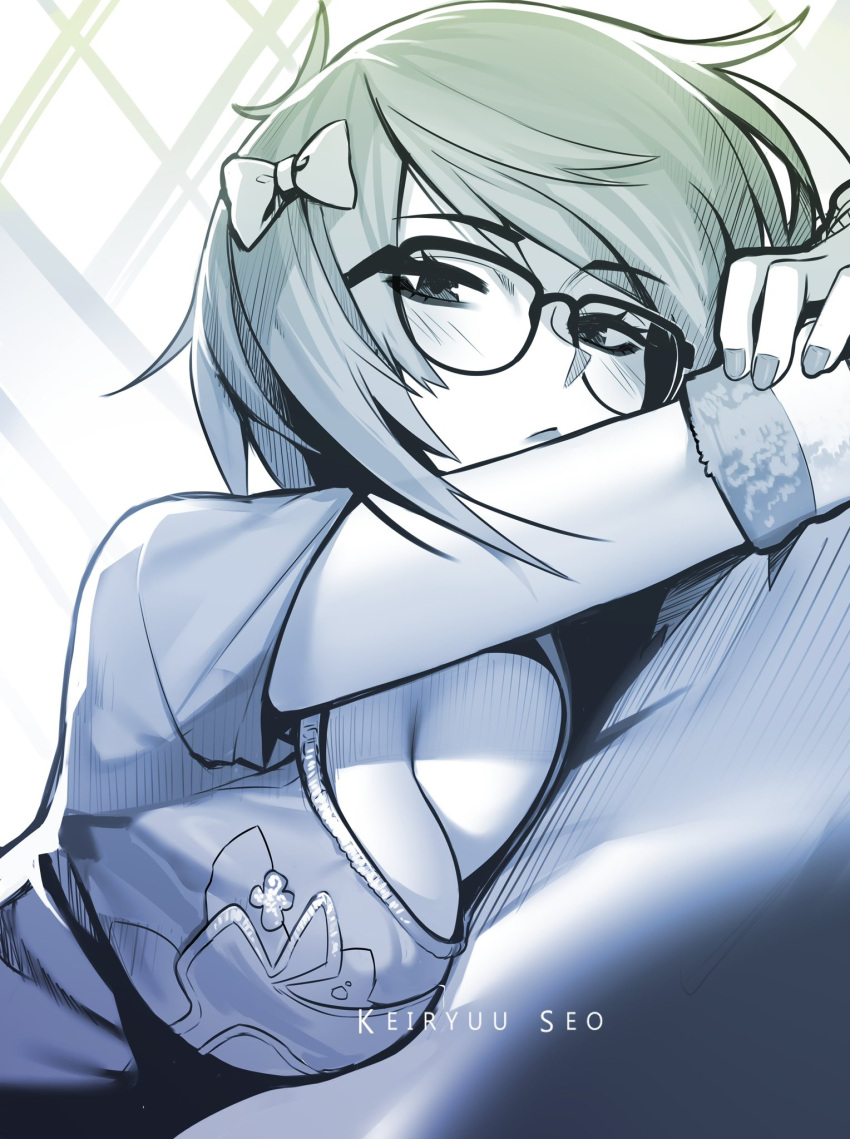 artist_name bed black-framed_eyewear bow breasts cleavage copyright_request female glasses hairbow highres indoors keiryuu_seo large_breasts looking_at_viewer medium_hair nail_polish shirt solo upper_body window