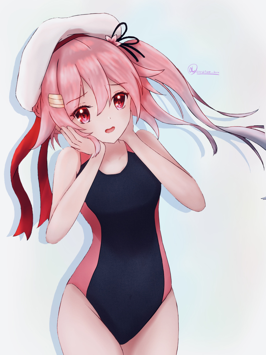 absurdres beret black_one-piece_swimsuit blue_hair blush competition_swimsuit female gradient_background gradient_hair hair_flaps hair_ornament hair_ribbon harusame_(kancolle) hat highres kantai_collection long_hair looking_at_viewer multicolored_hair nekojita_kavu one-piece_swimsuit open_mouth pink_hair red_eyes ribbon school_uniform side_ponytail skirt smile solo swimsuit twitter_username two-tone_bow white_background white_hat