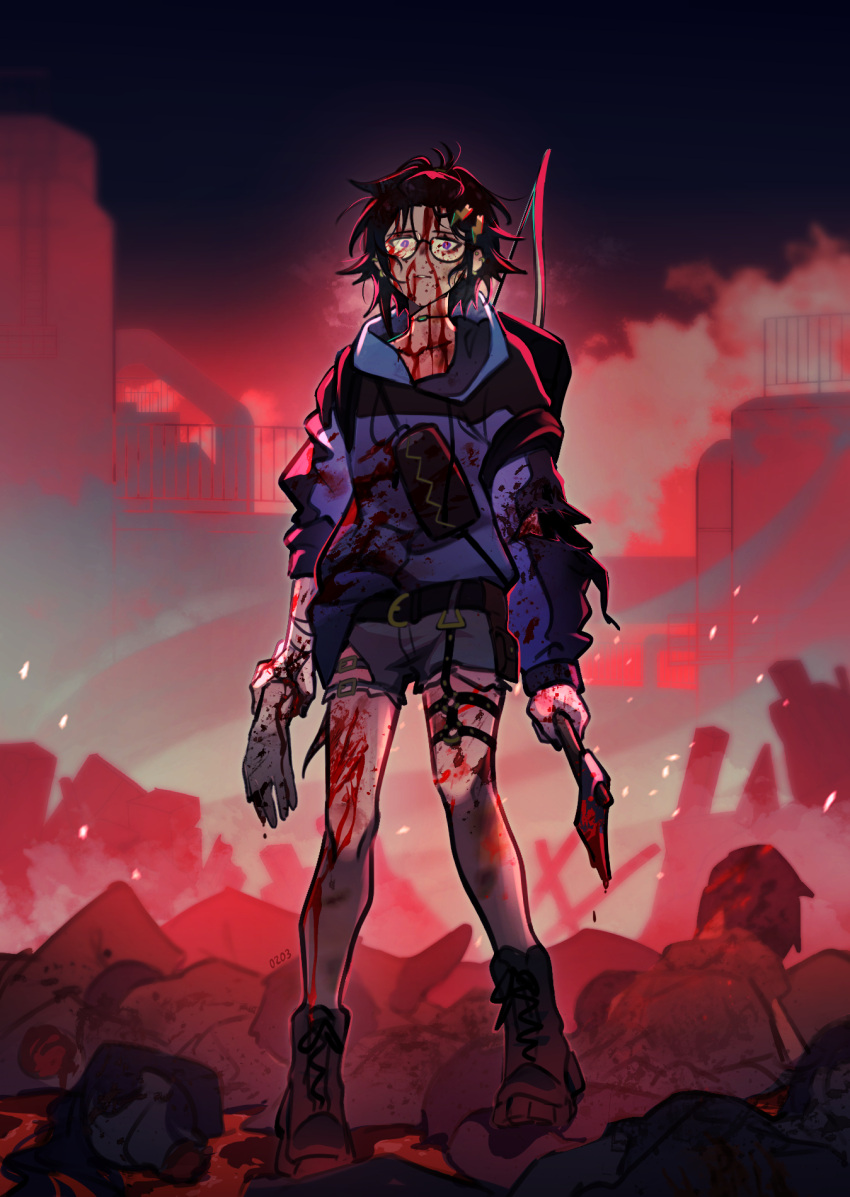 1boy axe black_hair blood blood_on_clothes blood_on_face blood_on_weapon boots bow_(weapon) corpse denim denim_shorts earrings english_commentary full_body glasses hair_between_eyes hair_ornament hairclip handprint highres holding holding_axe holostars hood hoodie jewelry kanade_izuru lightning_bolt_hair_ornament lightning_bolt_symbol looking_at_viewer male_focus mono_(bluesky) necklace night outdoors purple_eyes shirt short_hair shorts solo standing torn_clothes virtual_youtuber weapon