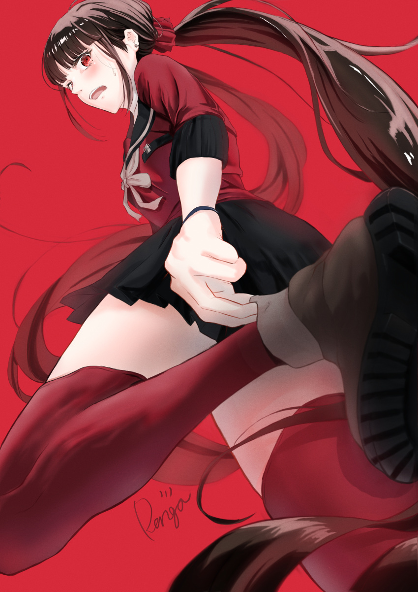 absurdres adjusting_sock artist_name black_sailor_collar blunt_bangs blush bow bowtie brown_hair danganronpa_(series) danganronpa_v3:_killing_harmony female from_below grey_bow grey_bowtie hair_ornament hair_scrunchie harukawa_maki highres long_hair looking_at_viewer low_twintails open_mouth pleated_skirt red_background red_eyes red_scrunchie red_shirt red_thighhighs sailor_collar school_uniform scrunchie shirai_renga shirt signature skirt solo standing standing_on_one_leg surprised sweatdrop thighhighs twintails very_long_hair zettai_ryouiki