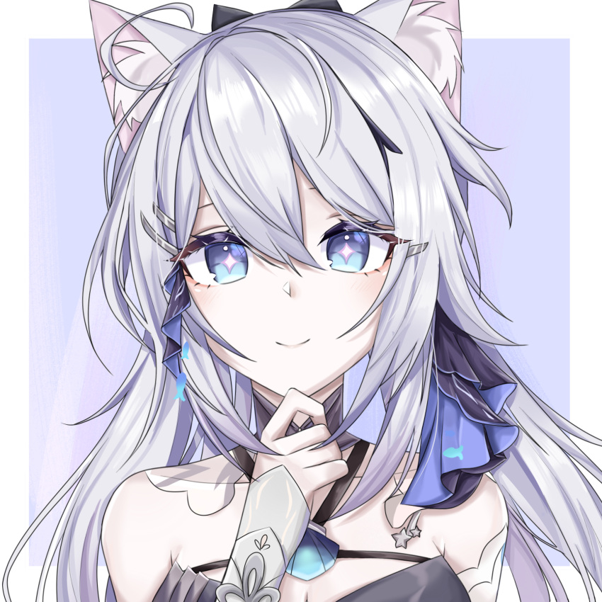 +_+ ahoge animal_ear_fluff animal_ears bare_shoulders blue_eyes breasts cat_ears cleavage criss-cross_halter female grey_hair hair_between_eyes halterneck hand_up highres honkai_(series) honkai_impact_3rd kiana_kaslana kiana_kaslana_(herrscher_of_finality) long_hair looking_at_viewer portrait smile solo very_long_hair xirana58059