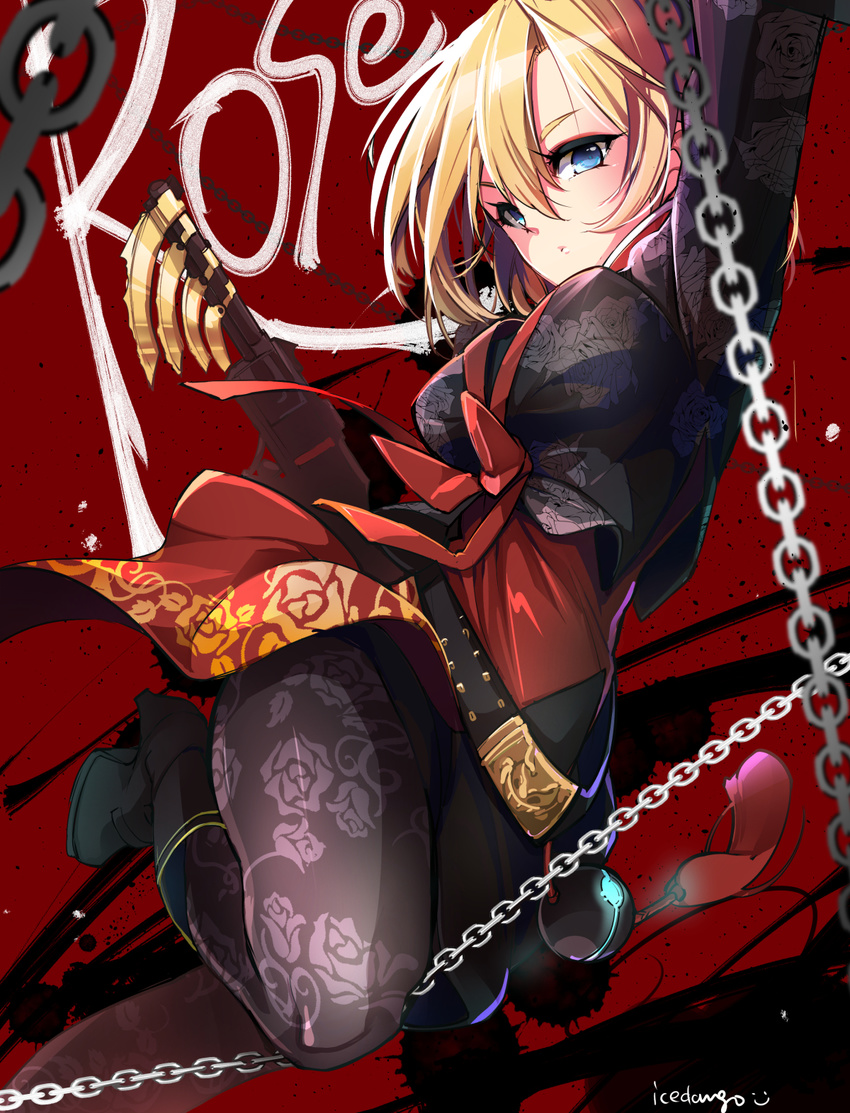 bad_id bad_pixiv_id belt black_footwear blonde_hair blue_eyes blurry bodysuit boots breasts chains character_name claw_(weapon) crimson_rose_(elsword) crop_top depth_of_field elsword eyelashes female female_gunner_(dungeon_and_fighter) female_ranger_(dungeon_and_fighter) floral_print glowing gun hair_between_eyes highres icedango_(dpopic3) korean_clothes large_breasts long_sleeves looking_at_viewer orb pantyhose pout print_pantyhose red_background rose_(elsword) rose_print signature smiley_face solo splatter stenciled_rose string tassel weapon