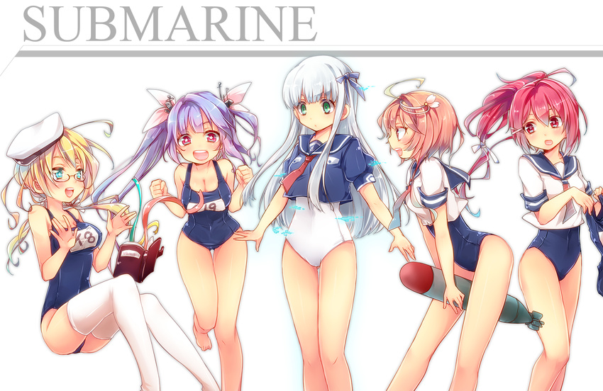 aoki_hagane_no_arpeggio blonde_hair blue_hair glasses hat i-168_(kancolle) i-19_(kancolle) i-58_(kancolle) i-8_(kancolle) iona kantai_collection red_hair school_swimsuit swimsuit thighhighs tobi_(one) white_hair