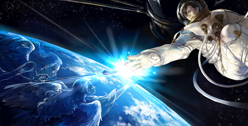 1boy 2girls angel astronaut battle blue_eyes brown_hair cloud commentary_request earth_(planet) fantasy fatlulu_(1008) fine_art_parody gloves good_end helmet honneamise_no_tsubasa horizon in_orbit lens_flare long_hair looking_at_another looking_away multiple_girls ocean outstretched_arm parody photoshop_(medium) planet polearm reaching realistic science_fiction shirotsugh_lhadatt space spacecraft spacesuit spear star_(sky) sunrise the_creation_of_adam tube tunic weapon wings