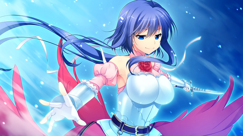 bare_shoulders belt blue_eyes blue_hair breasts female flower game_cg highres knife kunai_uri large_breasts long_hair looking_at_viewer noblesse_of_rouge rose simple_background smile solo standing weapon